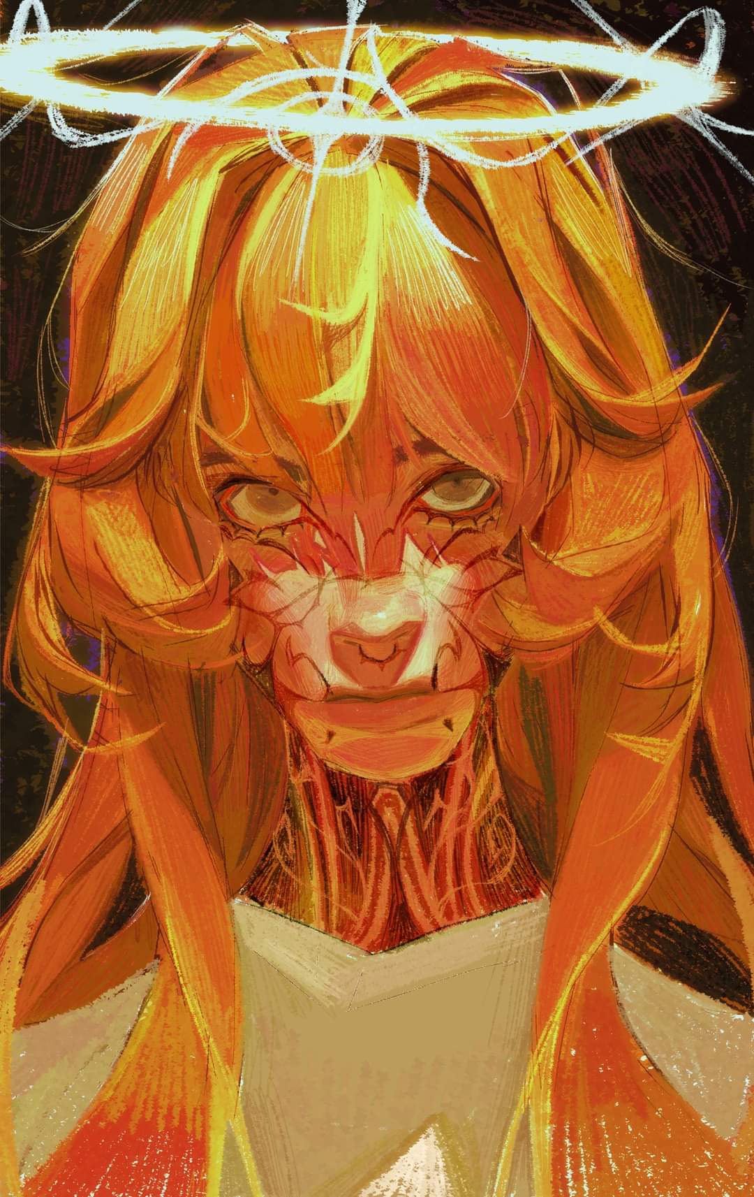 this digital painting depicts a stylized portrait of a female humanoid creature with long, vibrant orange hair.  a glowing halo encircles her head. her face is partially obscured, hinting at a monstrous or otherworldly aspect, perhaps damaged or scarred skin. the overall color palette is warm and intense, dominated by oranges and yellows, with hints of red and gold in the veins visible on her neck and face. the style is expressive and textured, with visible brushstrokes contributing to the artwork's surreal and fantasy feel. the creature's gaze is intense, adding to the overall mysterious and captivating nature of the piece. the art is meticulously detailed, showing both the intricate texture of the hair and the creature's skin.  she appears to be wearing simple clothing underneath her long hair.
