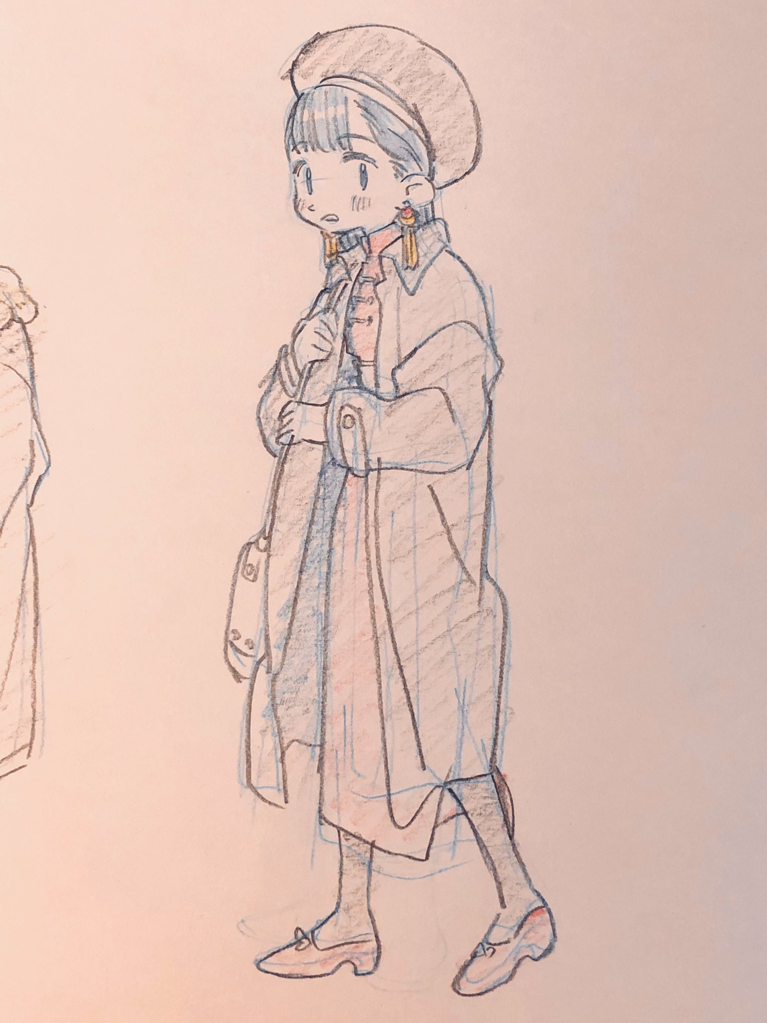 a pencil sketch of a girl wearing a long coat over a dress with a beret and purse.