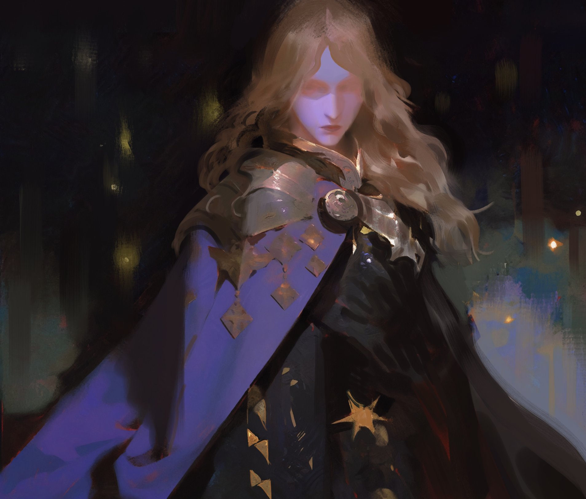 a digital painting of a fantasy woman with long blonde hair wearing a purple and gold cape with armor underneath. she is standing in a dark and mysterious setting with glowing stars in the background.