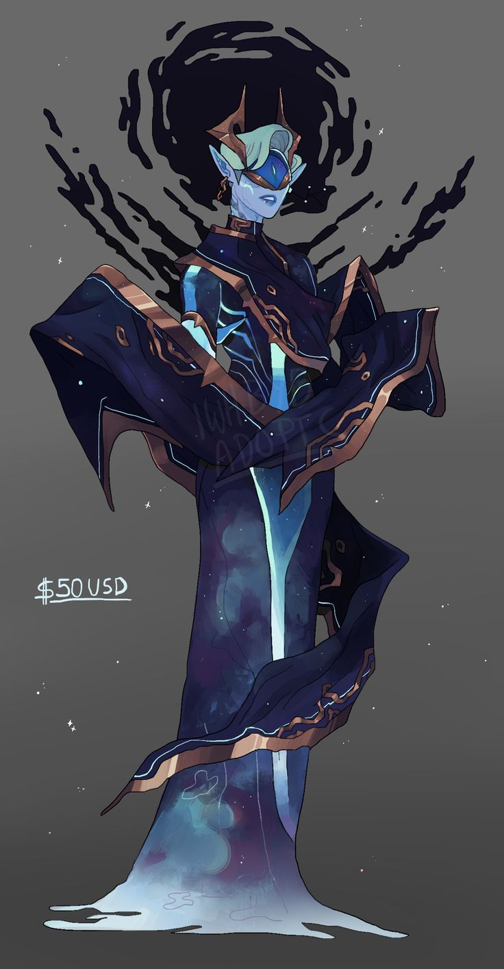 a digital illustration of a male elf character with blue skin and a gold headband and earrings wearing a blue, purple, and gold robe and cloak, standing in front of a dark, spacethemed background. the character is looking to the side with a thoughtful expression on their face. the illustration is intricate and detailed, with a dreamlike and whimsical quality.