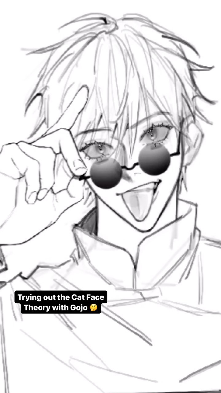 a black and white sketch of gojo satoru from jujutsu kaisen. he is making a playful hand gesture near his face, wearing round glasses, and has his tongue sticking out. the caption "trying out the cat face theory with gojo" is written on the image.  the style is a loose, expressive sketch rather than a refined line drawing.