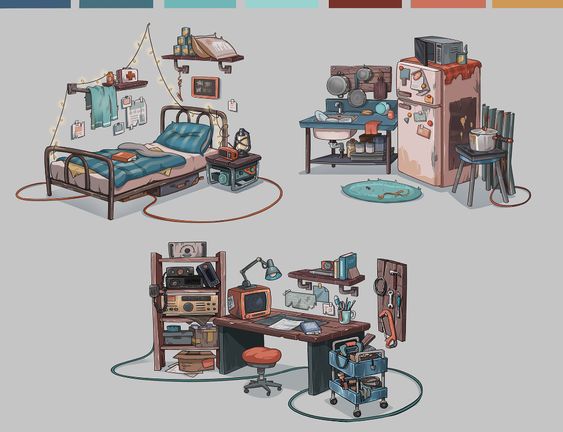 the image shows three different room scenes. the top left corner shows a bedroom with a bed, a lamp, and a nightstand. the top right corner shows a kitchen with a sink, a fridge, a chair, and a table. the bottom corner shows a workshop with a workbench, a chair, a shelf, and a bookcase.
