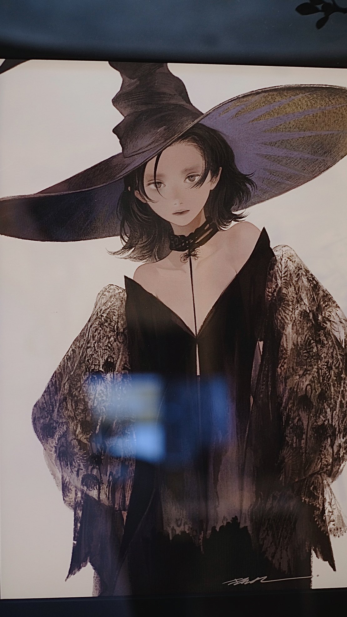 the image is an illustration of a woman dressed as a witch. she is wearing a long, flowing black dress and a large black hat. her expression is serene and her eyes are looking slightly downward.  the color palette is muted and the overall effect is one of mystery and elegance. the style of the artwork is reminiscent of traditional fantasy illustration.
