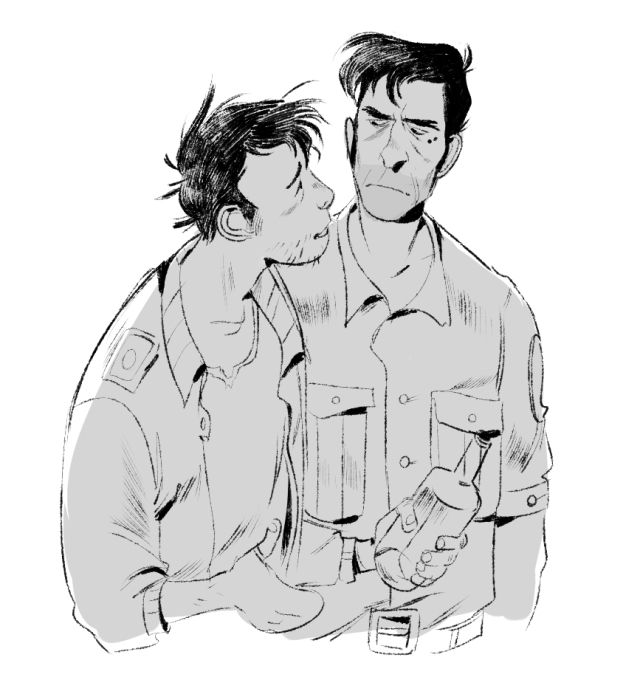 a black and white sketch of two men standing side by side, talking to each other. they are both casual dressed and appear to be friends. it is a daytime scene and the sketch is done in line art style.