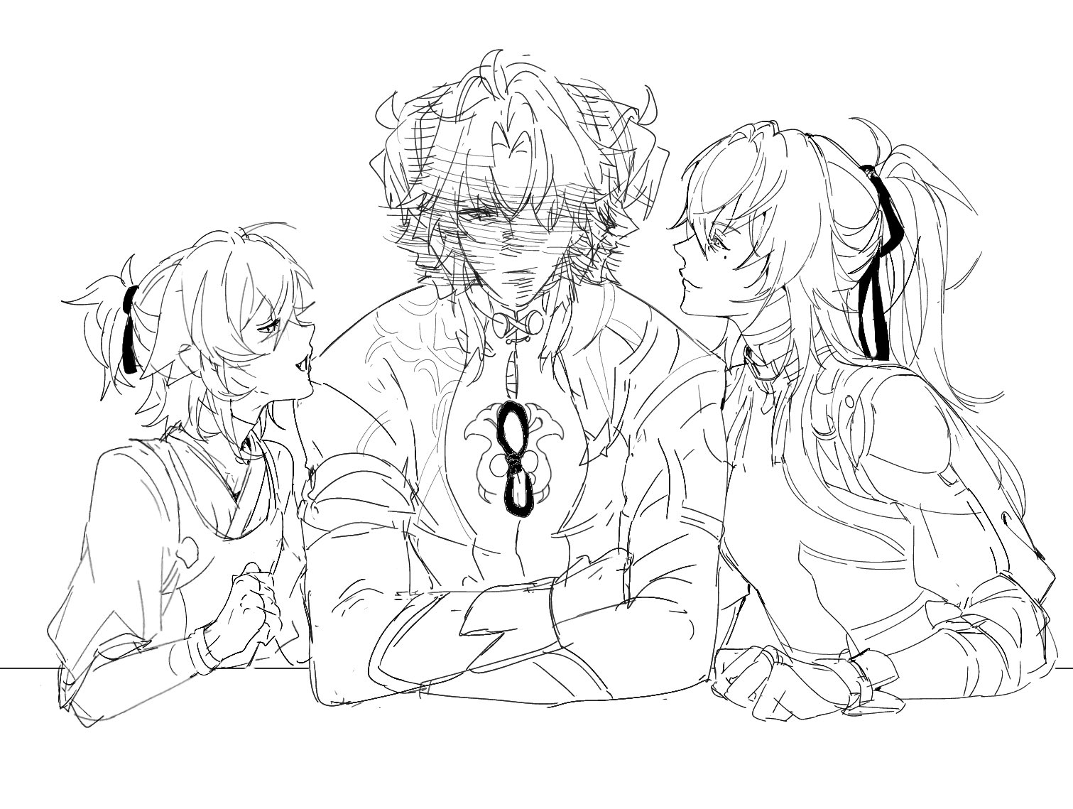 this is a black and white sketch of three anime characters. two females and one male. the male is standing between the two females and his arms are crossed. all three characters are looking at each other and smiling. the females are on either side of the male. the male has horns and the females have long hair and big eyes. the drawing is done in a simple, clean style with fine lines. the background is white.
