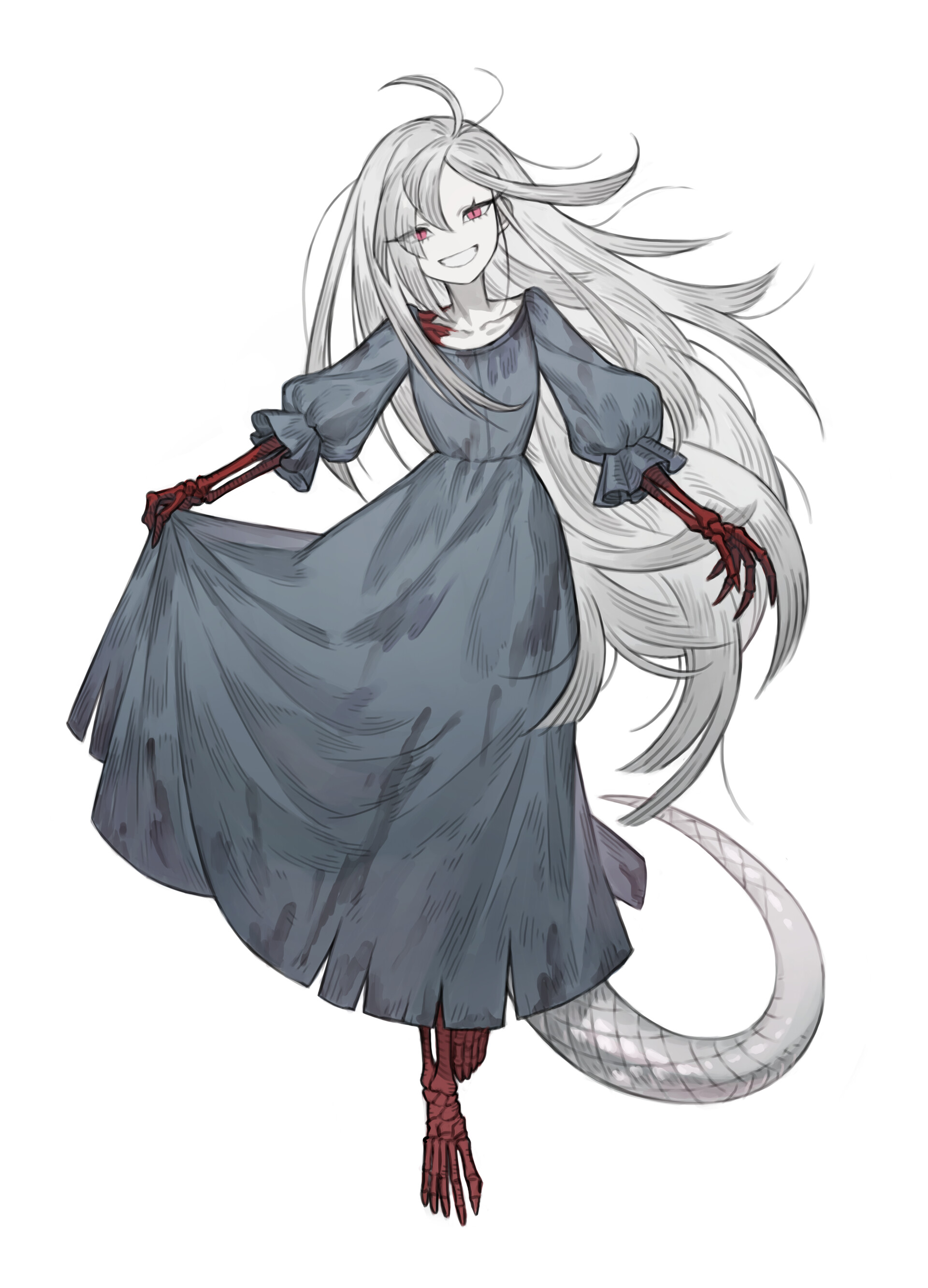 the image depicts a paleskinned, monstrous girl with long, flowing white hair and piercing red eyes.  she wears a tattered, floorlength gray dress and has a wide, unsettling smile. her hands and feet are skeletal with sharp, red claws, and a long, scaly tail protrudes from her lower back. she is posed against a plain white background, appearing to twirl or dance with her dress fanned out. the overall aesthetic is eerie and slightly unsettling, blending elements of gothic and fantasy genres.