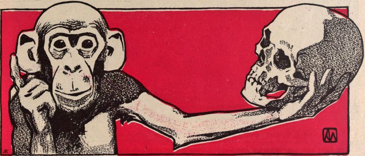 a black and white cartoon drawing of a monkey holding a skull with its left hand in front of a red background. the monkey appears to be smiling at the viewer. the drawing appears to be vintage.