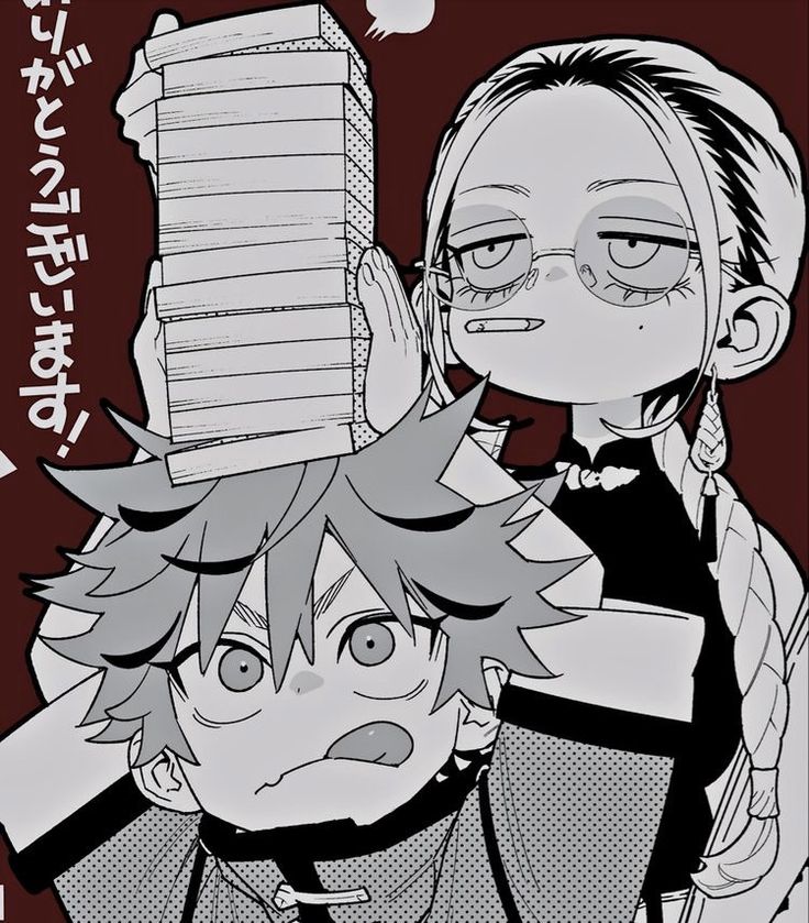 this is a black and white illustration of an anime character holding a stack of books over the head of another character. the character holding the stack is a girl with glasses. the character underneath the stack of books is a boy with spiky hair. they both have shocked expressions.
