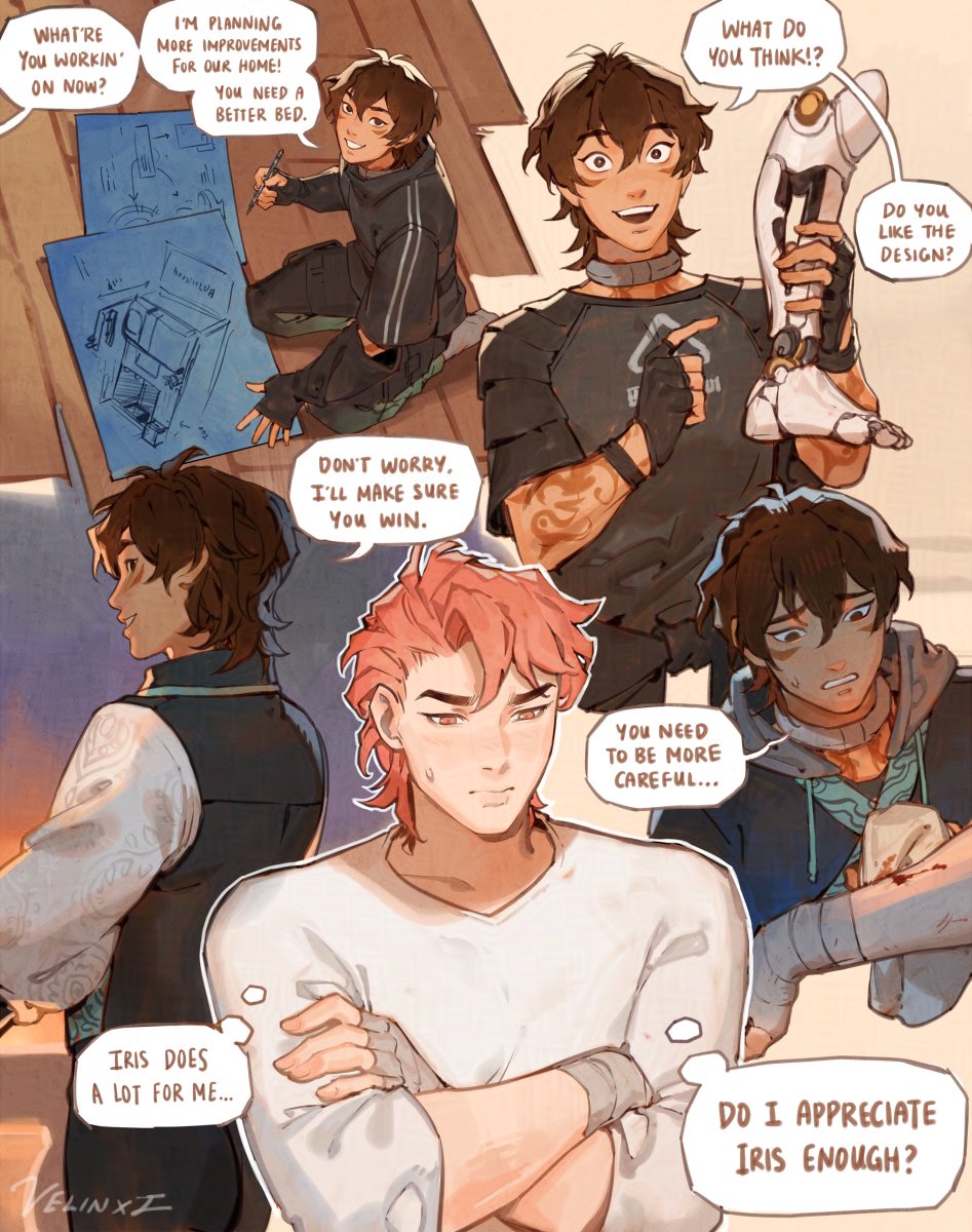 the image shows a piece of fan art featuring characters from the animated show voltron. it appears to be a comic panel depicting various scenes with keith kogane and lance mcclain. keith is seen planning home improvements with blueprints, working on a prosthetic design, and being cautioned about needing to be more careful after an injury. lance is looking after keith while considering iris and how much she does for them.