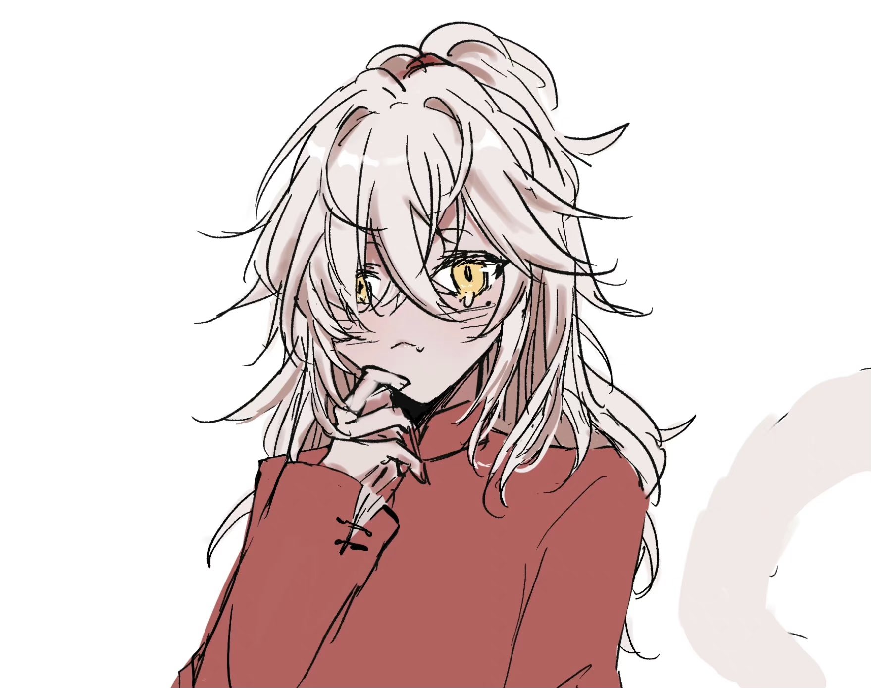 this digital art depicts a cute anime girl with long white hair and yellow eyes. she's wearing a red shirt and blushing. the art style is simple and has a light and fluffy feel.