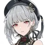 closeup illustration of an animestyle girl with long silver hair, wearing a black beret with a bow, earrings, and a traditional chinesestyle darkcolored outfit adorned with beads. her expression is serious. the style is consistent with digital art and virtual youtuber (vtuber) character design.  the background is black.
