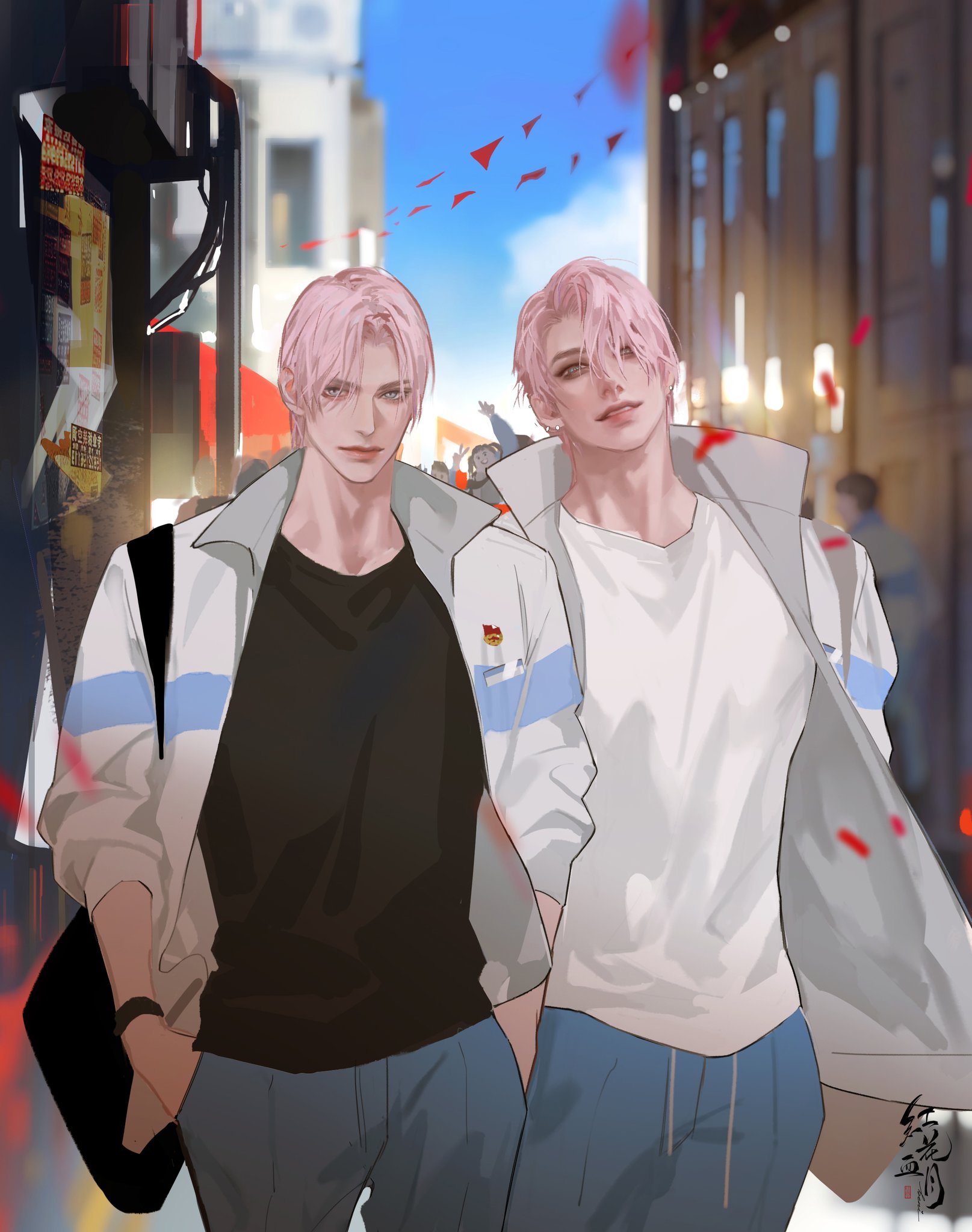 the image is an animestyle depiction of two young men, who are presumably twins, walking together in a city street. they have similar appearances, both with long, pink hair and wearing white jackets over black shirts and blue jeans. the left twin has a black bag slung over his shoulder. they are smiling and walking side by side, with red flags flying in the air behind them. the image suggests a sense of friendship and camaraderie.