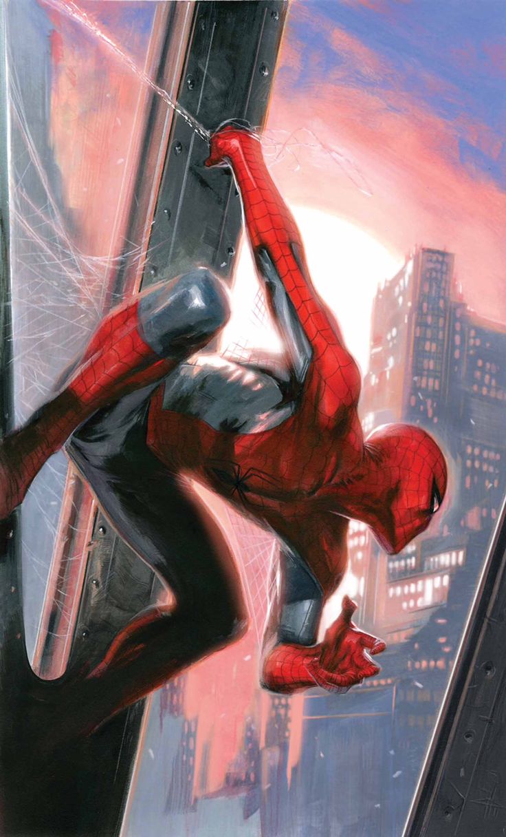 a closeup image of spiderman in mid swing, with the city skyline behind him, a comic book illustration style. he is wearing his red and blue costume, with a red mask and a web shooter, and his eyes are visible through the mask. he is webslinging through the city, which is visible through a window pane. the city skyline is full of skyscrapers, and the evening sun is setting in the background. the artwork has a dynamic, exciting style that captures the action of the moment.