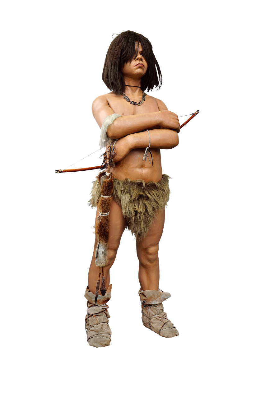 a full body shot of a neanderthal man in a stone age setting. he has shoulderlength brown hair, brown skin, and is wearing a fur loincloth, boots, and a necklace. his arms are crossed and he is holding a bow and arrow.