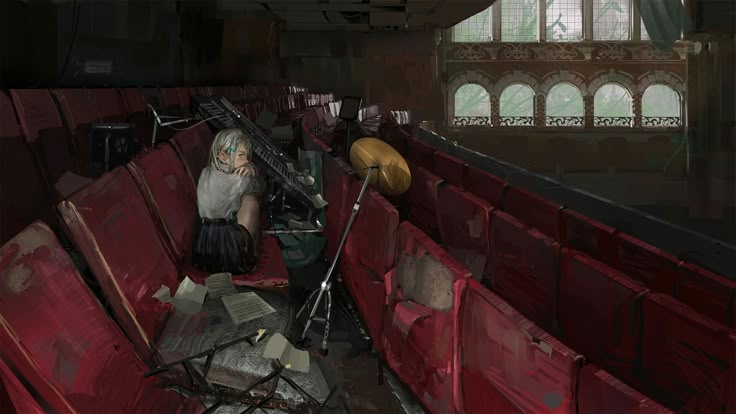 an image of a dilapidated and destroyed theater. the red seats are torn and in disarray. a girl with white hair sits among the seats near some musical instruments, including a keyboard, music stand, and cymbal. sheet music is scattered on the floor. the windows are visible in the background and are overgrown with plants, suggesting the scene is postapocalyptic or abandoned.