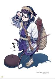 the image is a digital illustration or drawing of a young animestyle female character. she has dark hair, wears glasses, a headband, a kimonolike outfit in shades of purple and white, and carries a bow and arrow along with a quiver/backpack. her style blends traditional japanese elements with modern touches. the art style is detailed and expressive, with attention to clothing and accessories. the character appears youthful and possibly a warrior or hunter type.  the background is minimal, focusing attention on the character. a dark round object (possibly a shield or drum) is also present in the foreground.  the image has a somewhat whimsical and slightly melancholic feel.