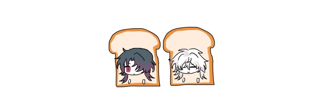 two anime characters are sitting on a piece of bread, they both have the same pose and are both looking at the viewer, the character on the left has black hair and red eyes, while the character on the right has white hair and blue eyes.