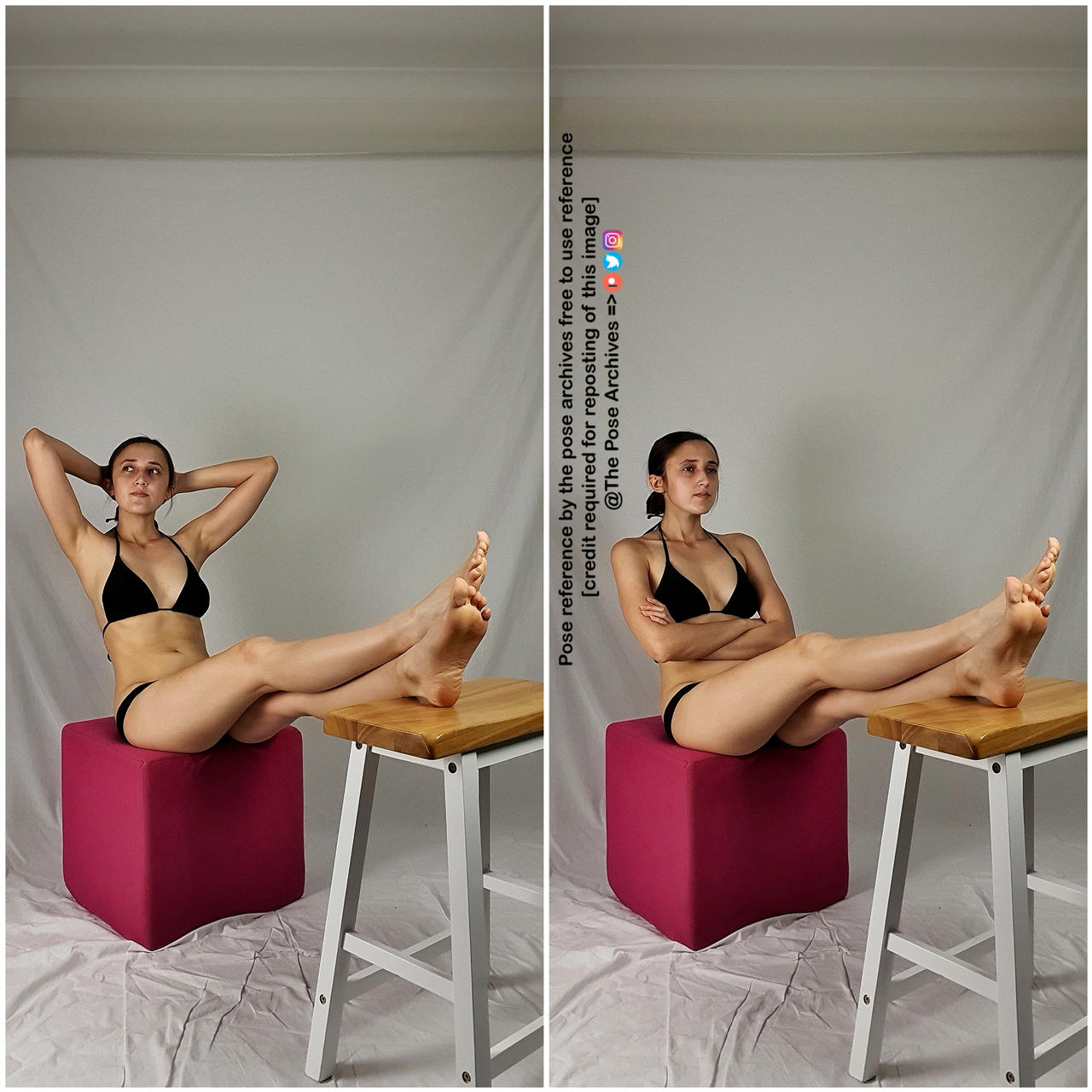 this image shows a woman in a black bikini posing in two different positions. in the left image, she is lying back on a pink cube with her arms above her head and her feet resting on a wooden stool. in the right image, she is sitting upright on the cube with her arms crossed and her feet flat on the floor. the background is white, and the lighting is soft. the overall tone of the image is relaxed and natural.