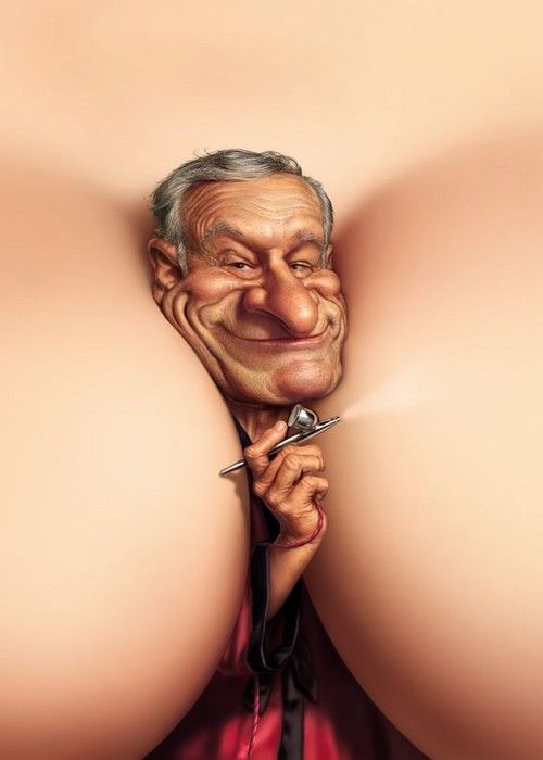 a caricature of robin williams is shown holding an airbrush, sandwiched between two large, undefined fleshy shapes. he wears a red and black robe. the artwork is humorous and digitally rendered.