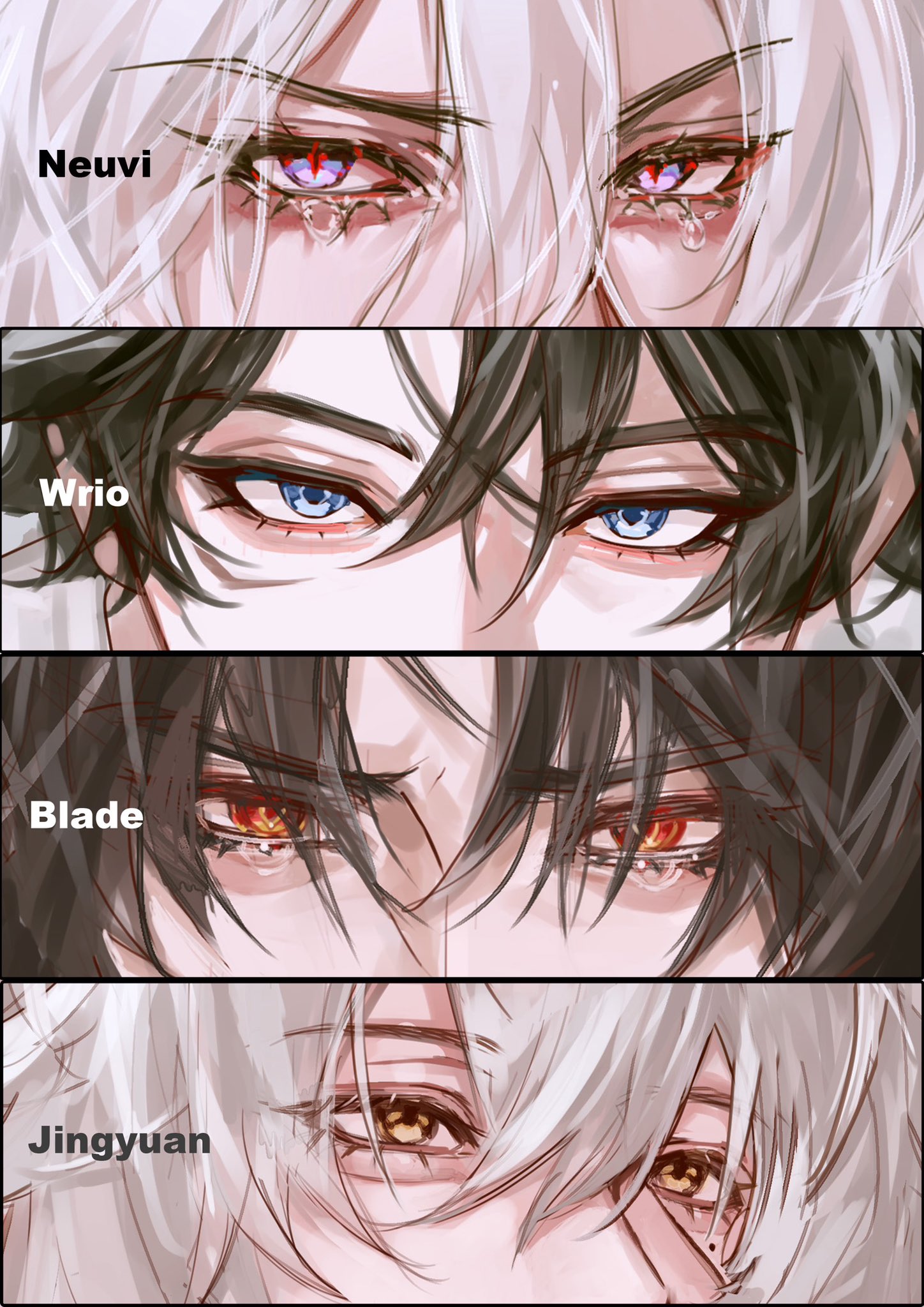 this is an image of four different anime boys' eyes closeup, with names written underneath each. they are all looking directly at the viewer, and all have some kind of emotional expression, such as sadness or worry,  with tears rolling down their cheeks.  the first image shows a boy with white hair and red eyes, the second image shows a boy with black hair and blue eyes, the third image shows a boy with black hair and red eyes, and the fourth image shows a boy with white hair and yellow eyes. the image is drawn in a manga style.