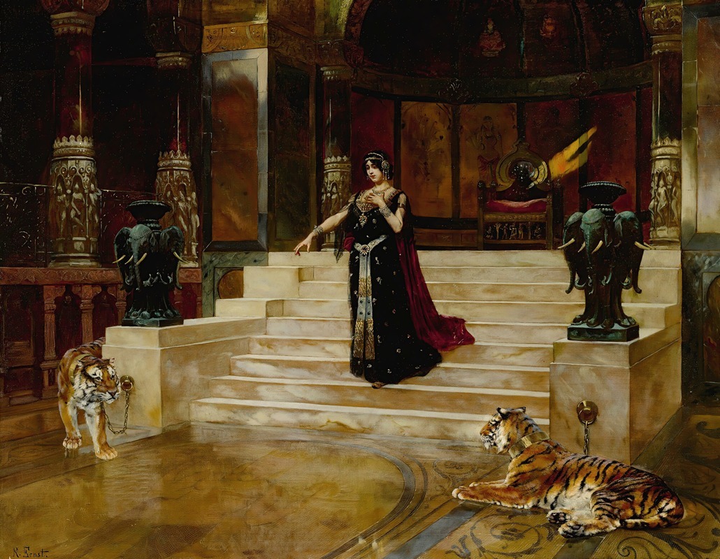 a painting depicts a woman descending a set of stairs in an ornate palace. she is wearing a dark dress with gold embellishments, a cape draped over her shoulders, and a jeweled turban. two tigers, leashed to rings in the floor, are at the bottom of the stairs. on either side of the stairs are pedestals with elephant figures. behind the woman, a throne sits on a raised platform against a red backdrop. the palace interior is decorated with columns and intricate designs.