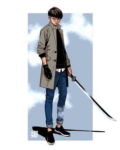a young man in a stylish urban outfit stands against a cloudy sky. he has dark hair and wears a long coat, jeans, and sneakers.  his expression is serious, and he holds a long katana sword, the blade gleaming as if ready for battle. the style of the art is reminiscent of comic books, with bold lines and slightly exaggerated features. the overall mood of the image is one of quiet intensity and anticipation.