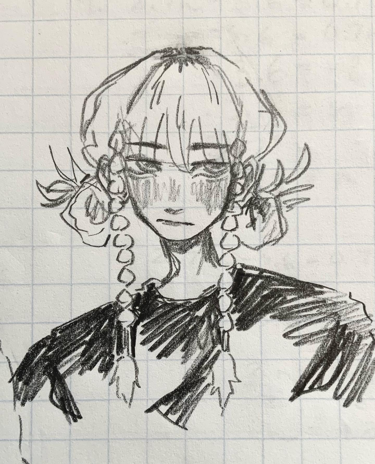 the image shows a pencil sketch of a young woman or girl. the style is reminiscent of anime or manga, with expressive eyes and a slightly somber expression.  she has short hair with bangs and wears a darkcolored top.  the drawing features detailed hair and clothing, rendered with shading to create texture. she also has decorative earrings and a necklace. the sketch is done on gridded notebook paper, adding to its informal and quicklydrawn feel. the overall aesthetic is dark and slightly edgy.