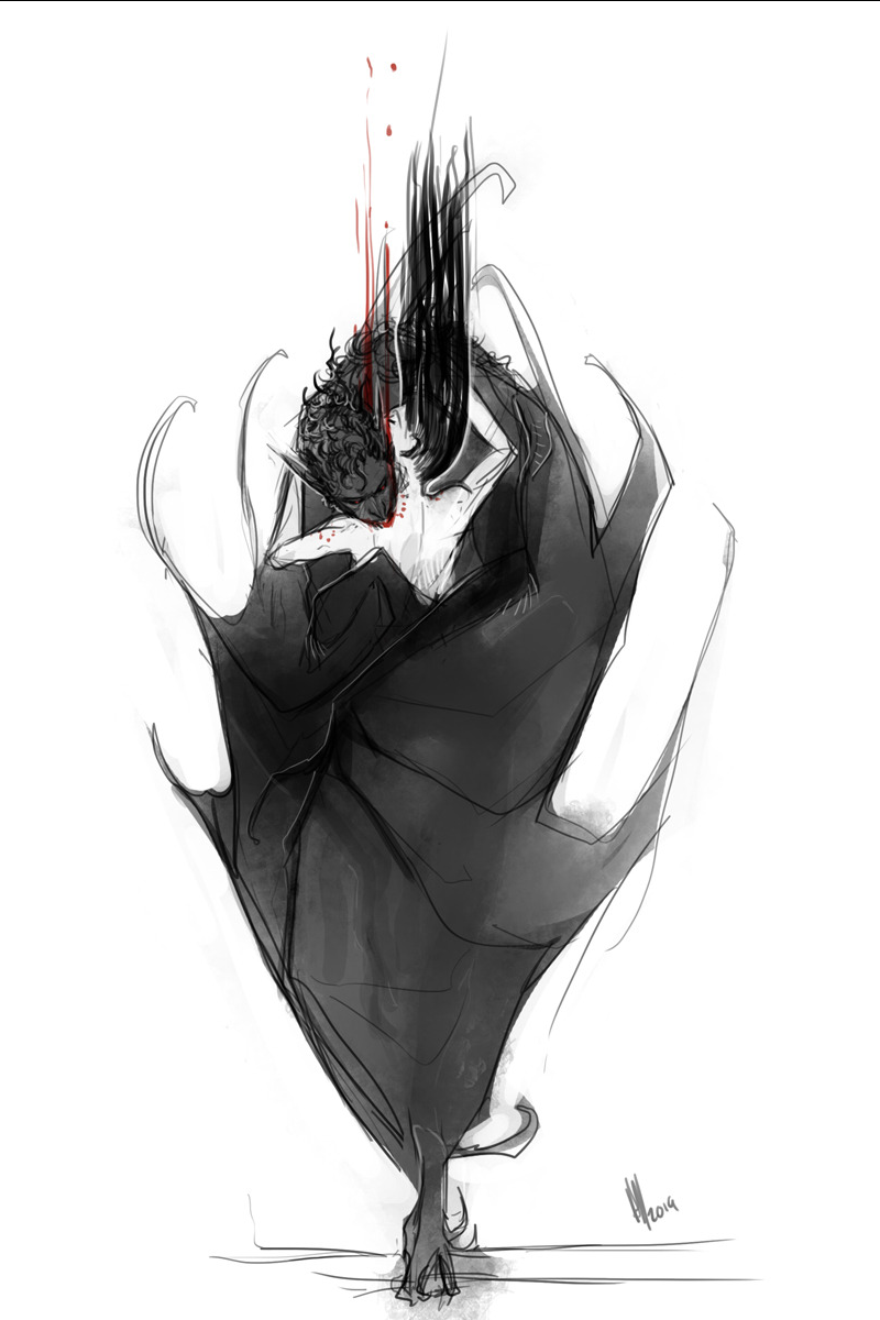 a black and white sketch of a vampire holding a person in its arms.  the vampire's fangs are sunk into the person's neck as blood drips down. their bodies are partially morphed together, creating a large, shadowy figure resembling a cloak or wings.  the style is rough and expressive, with bold lines and shading.  the overall tone is dark, romantic, and macabre.