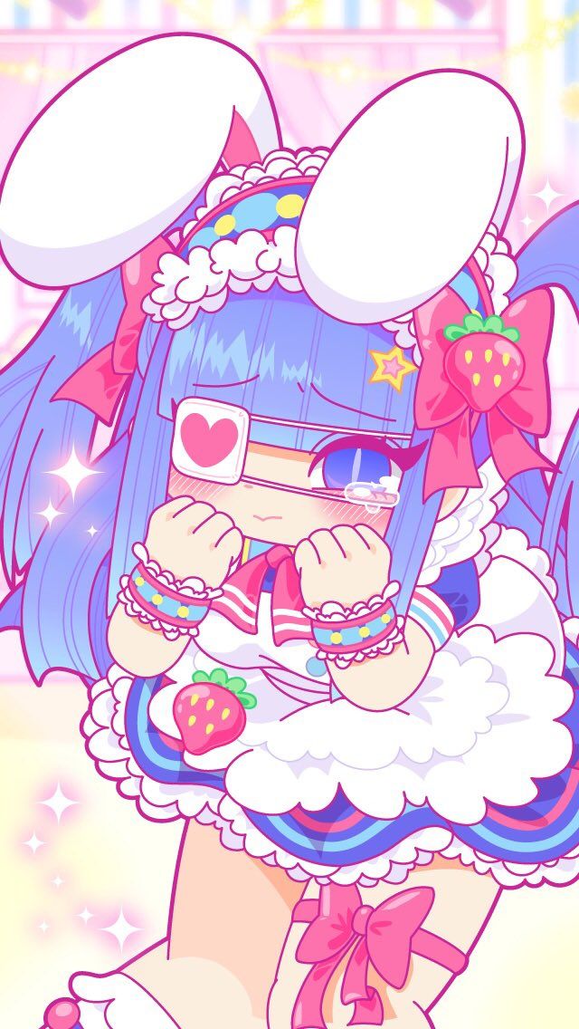 a cute anime girl with blue hair and white bunny ears is wearing a pink and blue dress with strawberries and a heart patch over her eye. she is smiling and has tears in her eyes. the background is pink and white with sparkles.