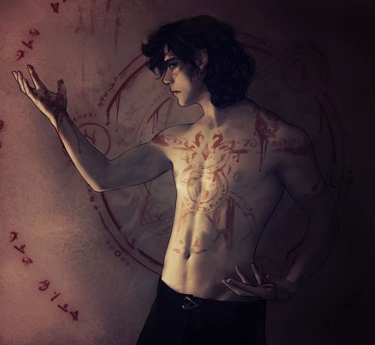 a digital painting of a man covered in bloody inscriptions. he appears to be in the middle of a ritual. the background is covered in dark red symbols that appear to be some sort of incantation. the overall feel of the image is dark and mysterious, hinting at something evil taking place. the man is depicted with an intense look in his eyes, as though he is deeply focused on the task at hand. the image is stylized and realistic, with intricate details in both the man’s body and the symbols around him.