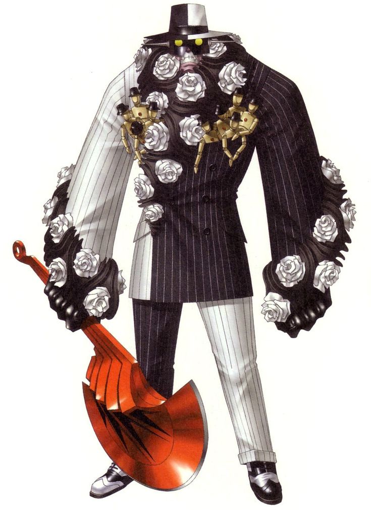 this is a drawing of a grim reaper, anime character standing and wielding a huge axe. he is wearing a pinstripe suit, white shirt, and black hat with a skull on the top. he has a black beard covered with roses. he is holding the axe with his left hand and his right hand is also covered with roses. his expression is serious and fierce. the background is white.