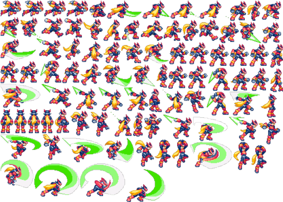 this image is a spritesheet, used in video games to display character animations. it features a single character, likely from a retro platformer, in various poses and actions. the character is depicted with a red and yellow suit, a flowing scarf, and a sword. the poses suggest actions such as running, jumping, attacking with the sword, and launching a projectile. the style is reminiscent of classic 16bit era games.