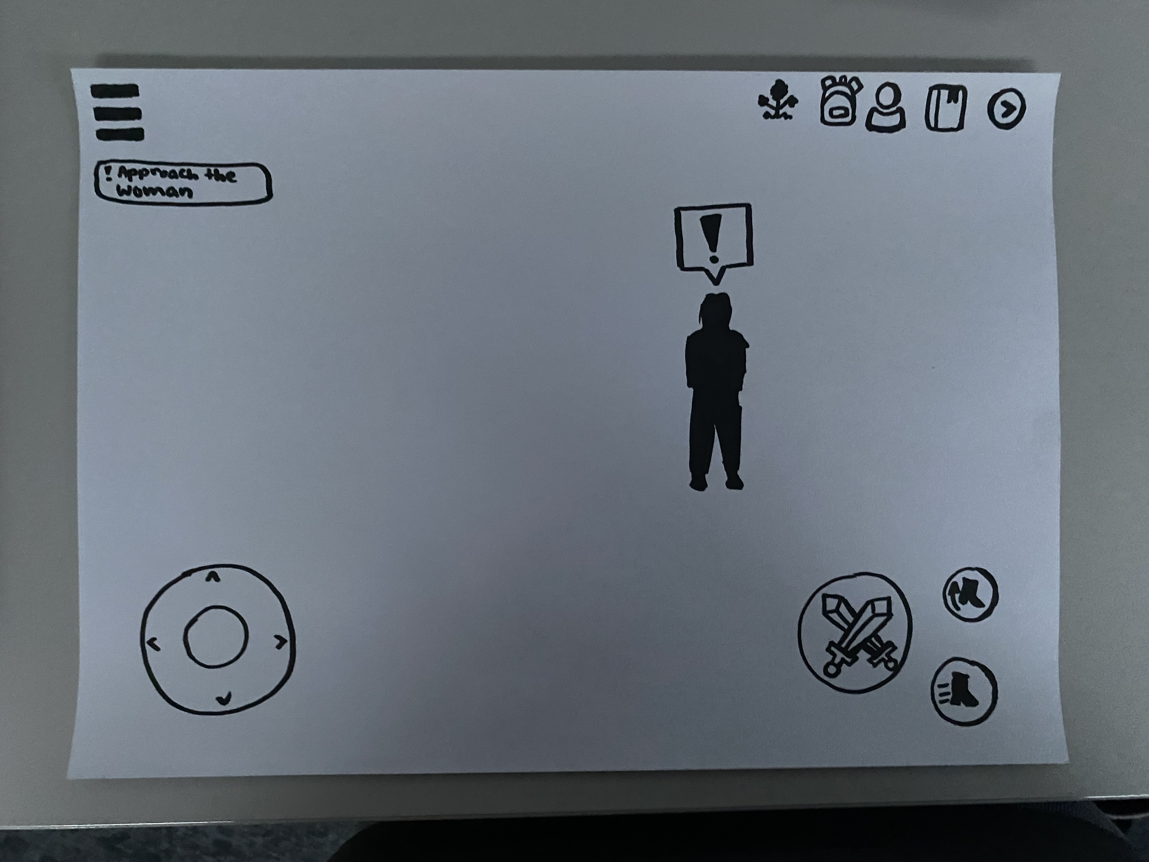 the image shows a handdrawn wireframe or prototype for a video game's user interface (ui). it depicts a topdown perspective of a game scene where the player character is to approach a woman.  the ui includes onscreen controls (a directional pad), an inventory or item selection (showing sword and boot icons), and a dialogue box indicating a possible interaction with the woman. the top of the screen shows menu or inventory icons. the style is simple and minimalist.  the overall aesthetic suggests an indie game with rpg elements.