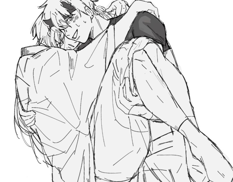 a black and white sketch of two anime characters embracing each other. the one in the front is holding the other in their arms with a loving expression on their face. the other character is looking up at them with a happy smile. they both have carefree expressions, showing that they are enjoying each other's company.