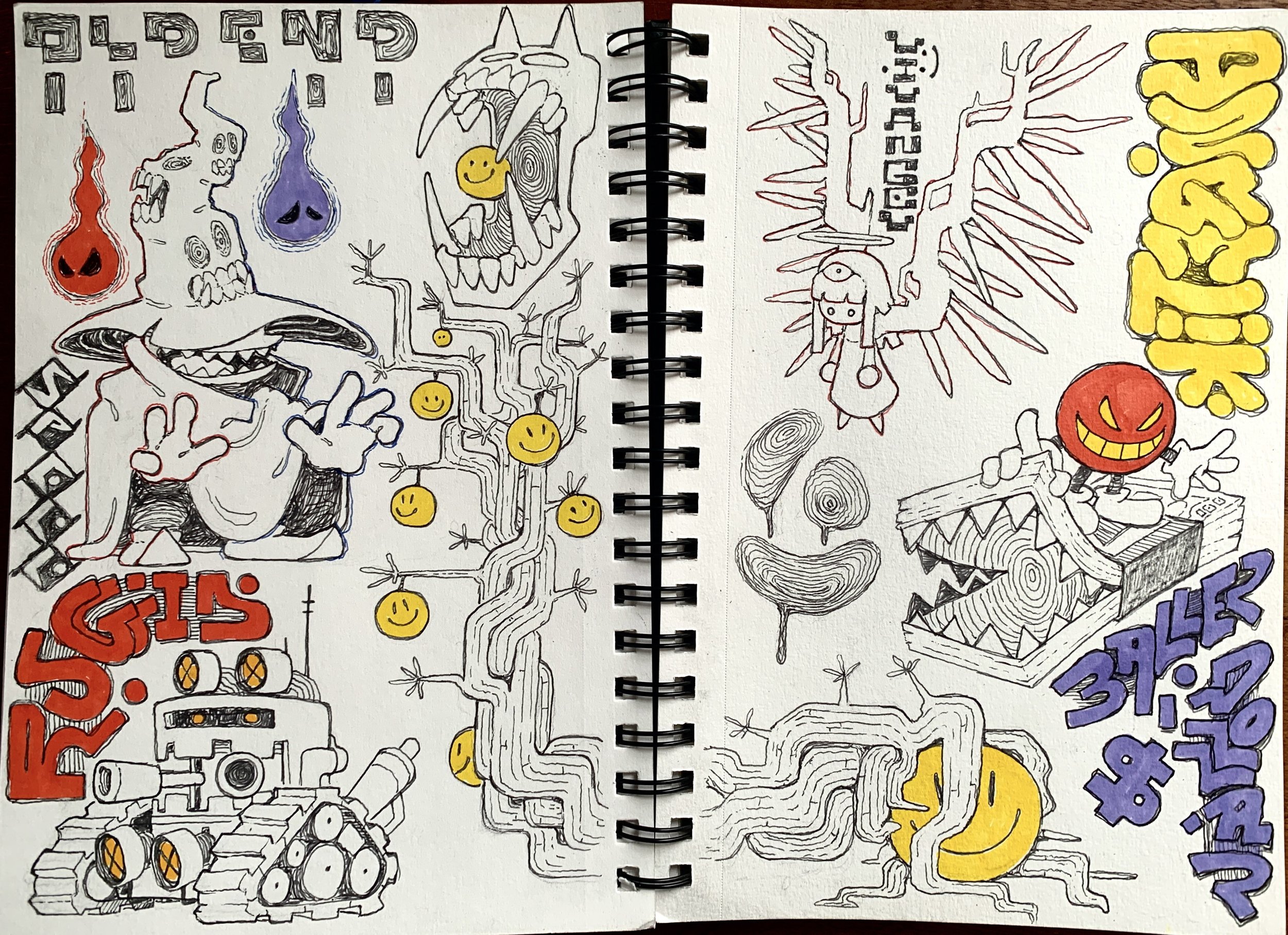 the image shows two pages from a sketchbook filled with surreal and psychedelic drawings made in black pen and accented with yellow, red, and purple. the left page features a central monster with a wide, toothy grin wearing a tall hat and robe. it's surrounded by other smaller creatures, flames, doodles, and a robot. the words "oldend i i" and "r.gis" are written on the page. the right page features a tall, thin monster with a small head and a large, sharp hand emerging from a treelike form. there's also a treasure chestlike monster with sharp teeth, more small, smiling creatures, and doodles. the words "physicdl6" and "roller 32torped" are written on the page. both pages feature intricate, mazelike patterns and lines connecting the different elements of the drawings. the overall effect is whimsical, slightly creepy, and energetic.