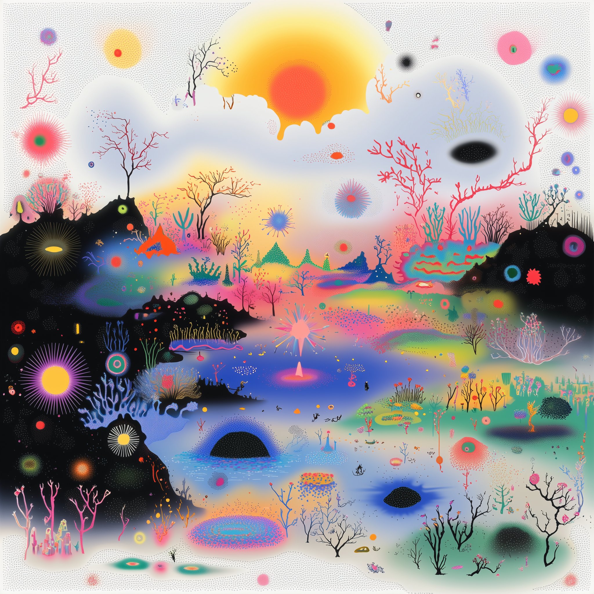 the image is a vibrant, surreal landscape painting or digital illustration. it's filled with a multitude of whimsical elements: oddly shaped trees with spindly branches, bioluminescent flora and fauna, and floating islands dotting a fantastical body of water.  the color palette is incredibly rich and varied, with bright pinks, oranges, yellows, blues, and purples dominating the scene.  there's a central, almost sunlike burst of light emanating from the water, giving the piece a sense of energy and wonder.  the background is a speckled, almost stippled texture that adds to the dreamlike quality.  the overall style suggests a psychedelic or hallucinatory experience, blending abstract and realistic elements into a cohesive, imaginative scene. the style reminds one of children’s book illustrations but with a sophisticated adult approach.
