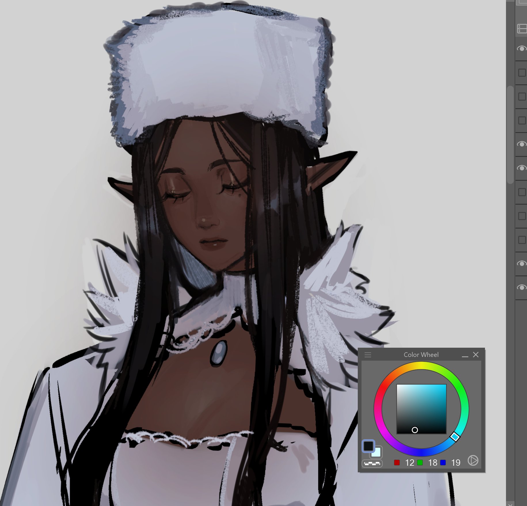a digital illustration of a young woman with long black hair, wearing a white furrycollared coat and white hat, with a serious expression looking down.  the background is a plain white.  there is a color wheel from a digital art program visible in the bottom right corner.