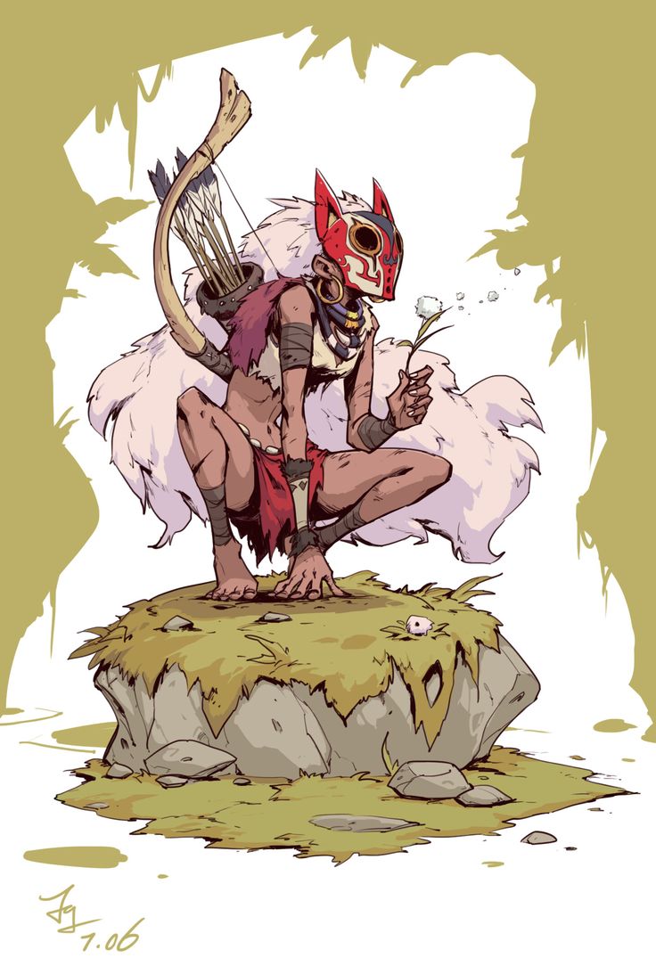 this is a digital illustration of a female, furry, anthropomorphic wolf creature with a red mask standing on a rock with a bow and arrow. she has a bushy, white tail and is holding a dandelion in her hand. the creature is surrounded by a green and white forest background. the image has a soft, pastel color palette.