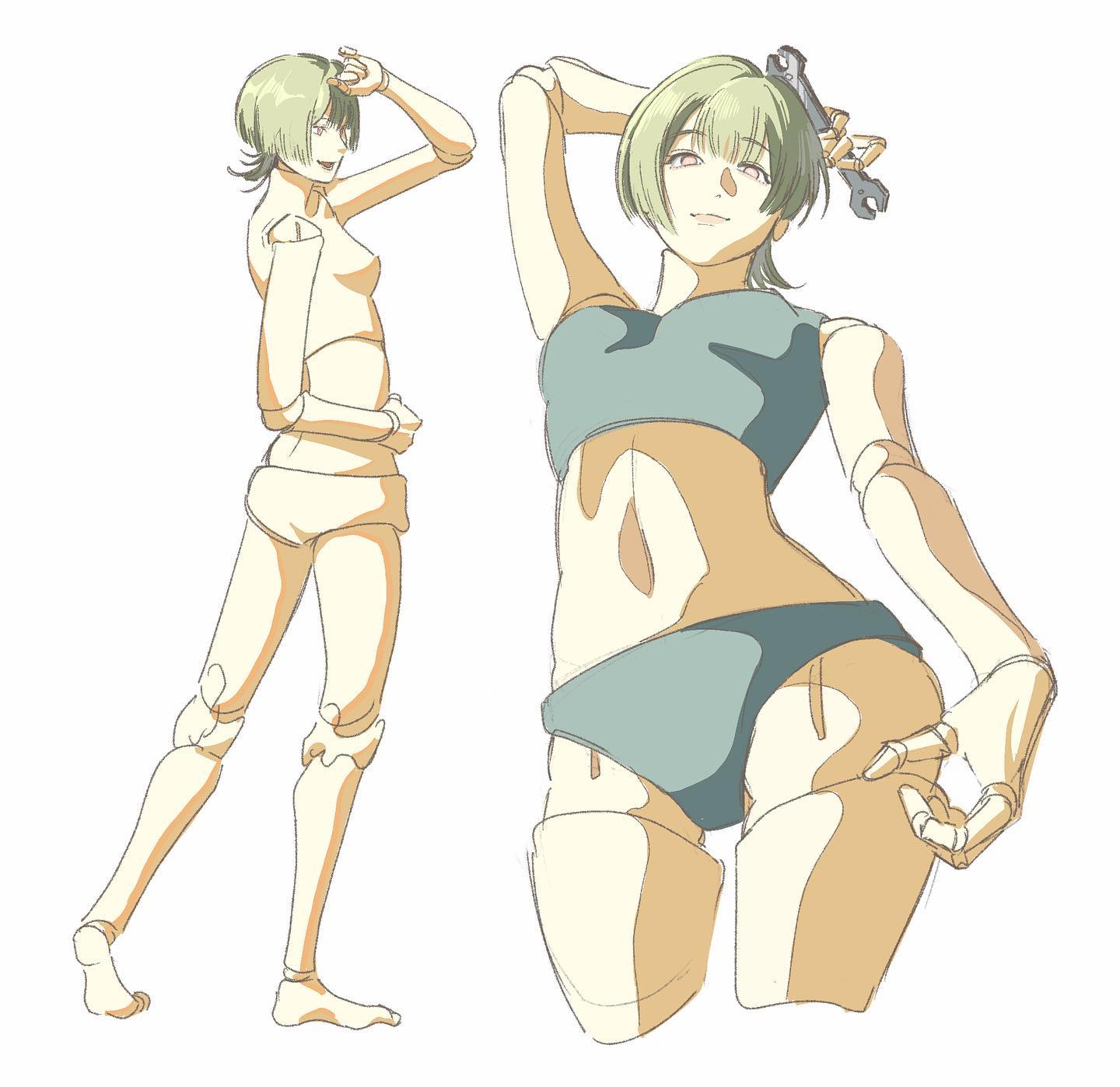 this is a digital drawing of a cartoon girl. the girl is illustrated in two different poses. on the left, she is standing straight with her arms raised above her head, showing her slim physique. on the right, she is in a more relaxed pose with her arms in front of her. both images are drawn in an anime style.