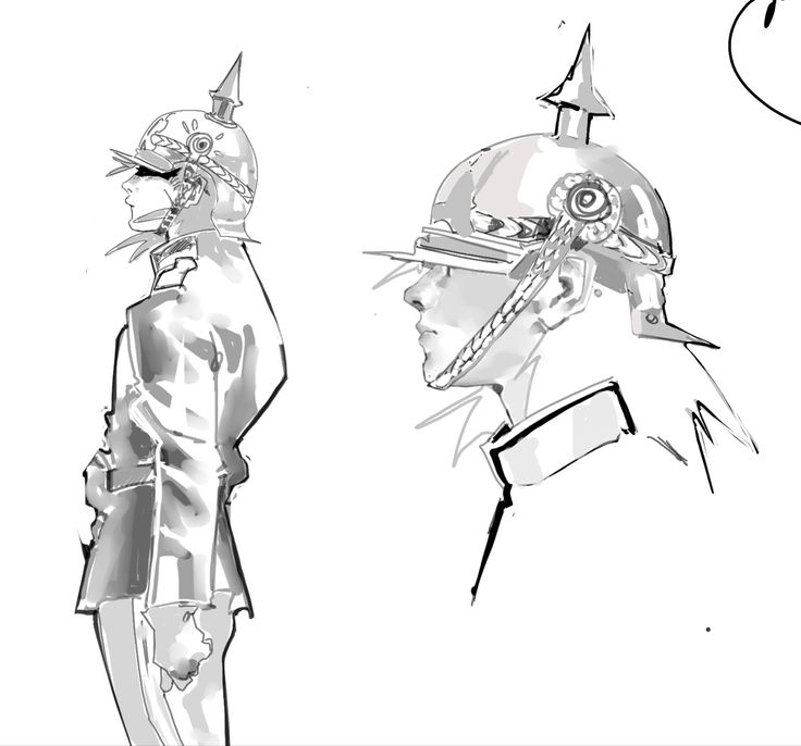 the image contains two grayscale sketches of a person wearing a pickelhaube (a spiked helmet characteristic of the prussian and later german armies).  one sketch shows a full figure in profile view, facing to the left.  the second sketch is a closer profile view of the head and shoulders, also facing left.  both are rendered in a loose, expressive style typical of concept art or character design work, focusing on form and gesture rather than precise detail.  the style is dynamic and somewhat impressionistic.