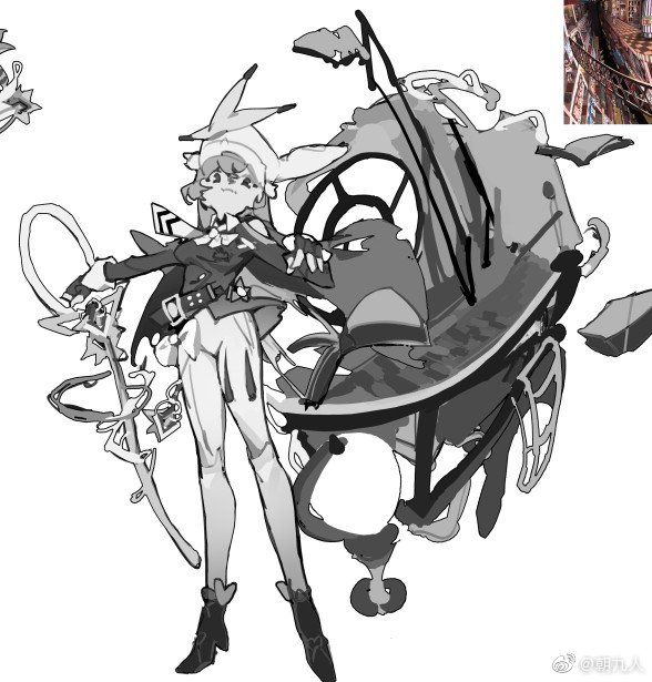 the image is a grayscale digital sketch or concept art piece featuring a female animestyle character. she has rabbitlike ears and is dressed in a steampunkinspired outfit. the character is holding what appears to be a staff or ornate weapon.  she is depicted interacting with or standing near a complex, mechanical structure resembling a brokendown carriage or vehicle. the style is detailed and intricate, showing a focus on both character and mechanical design.  a small inset shows a more detailed rendering of a section of the vehicle. the overall style suggests a fantasy or possibly postapocalyptic setting.
