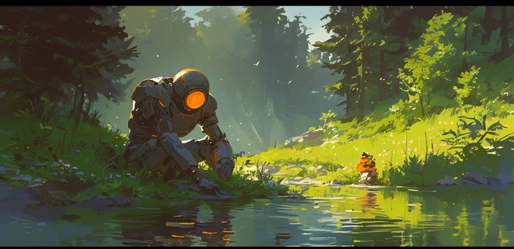 the image showcases a giant robot with a glowing orange visor gently kneeling by a sundappled river in a verdant forest. the robot's posture suggests a sense of wonder and curiosity.  a small child, barely visible amidst the greenery, sits by the riverbank, seemingly observing the robot's actions. the sunlight filters through the leaves, casting intricate patterns of light and shadow on the lush vegetation and the calm water's surface, where the robot's form is partially reflected.