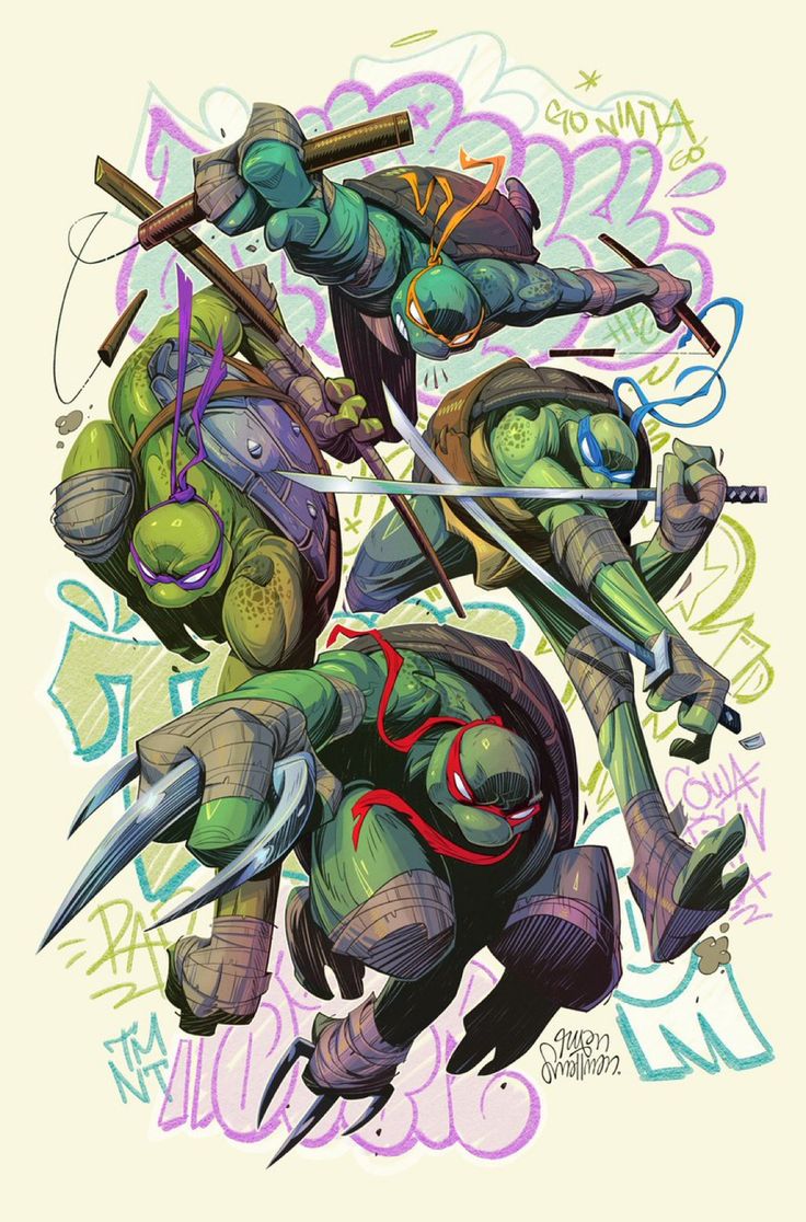 this is a colorful illustration of the teenage mutant ninja turtles in action. they are all in their signature poses with their weapons and they are surrounded by graffiti. the image is full of energy and movement, and it captures the spirit of the teenage mutant ninja turtles perfectly. the turtles are all in their signature colors, with leonardo in blue, donatello in purple, michelangelo in orange, and raphael in red. they are all fighting and looking fierce, ready to take on any enemy. the image is vibrant and full of life, and it is a great example of comic book art.