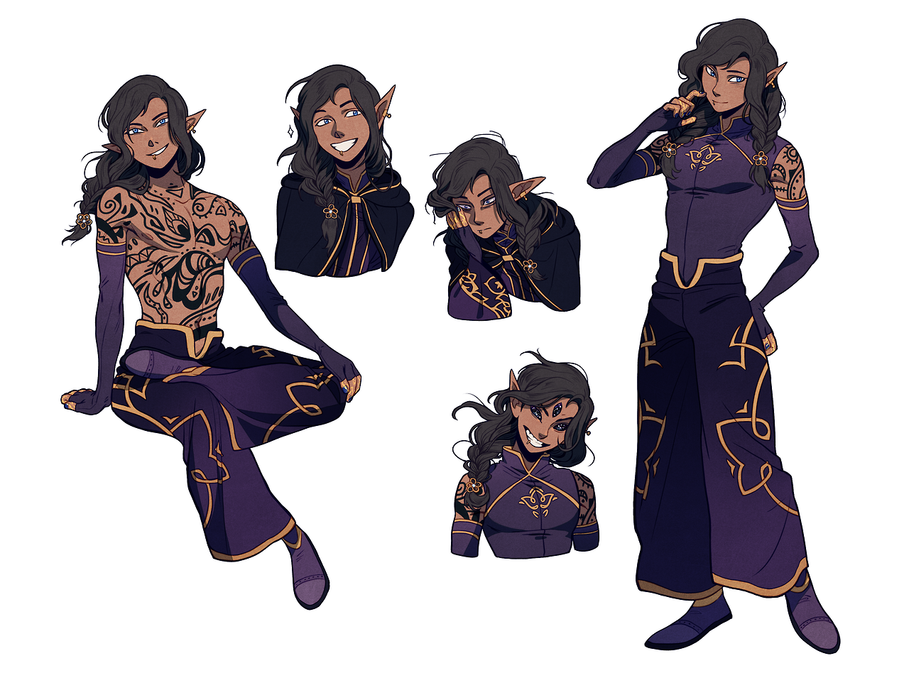the image showcases a character design sheet for a male drow or dark elf. he's depicted in various poses and expressions, with closeups highlighting his facial features and tattoos. the character has long, dark hair, pointed ears, and intricate swirling tattoos across his chest and arms. he wears a stylish purple and gold outfit consisting of a longsleeved top, flowing pants with gold accents, and matching gloves and boots. the design incorporates elements of fantasy and elegance, presenting a visually appealing and intriguing character.