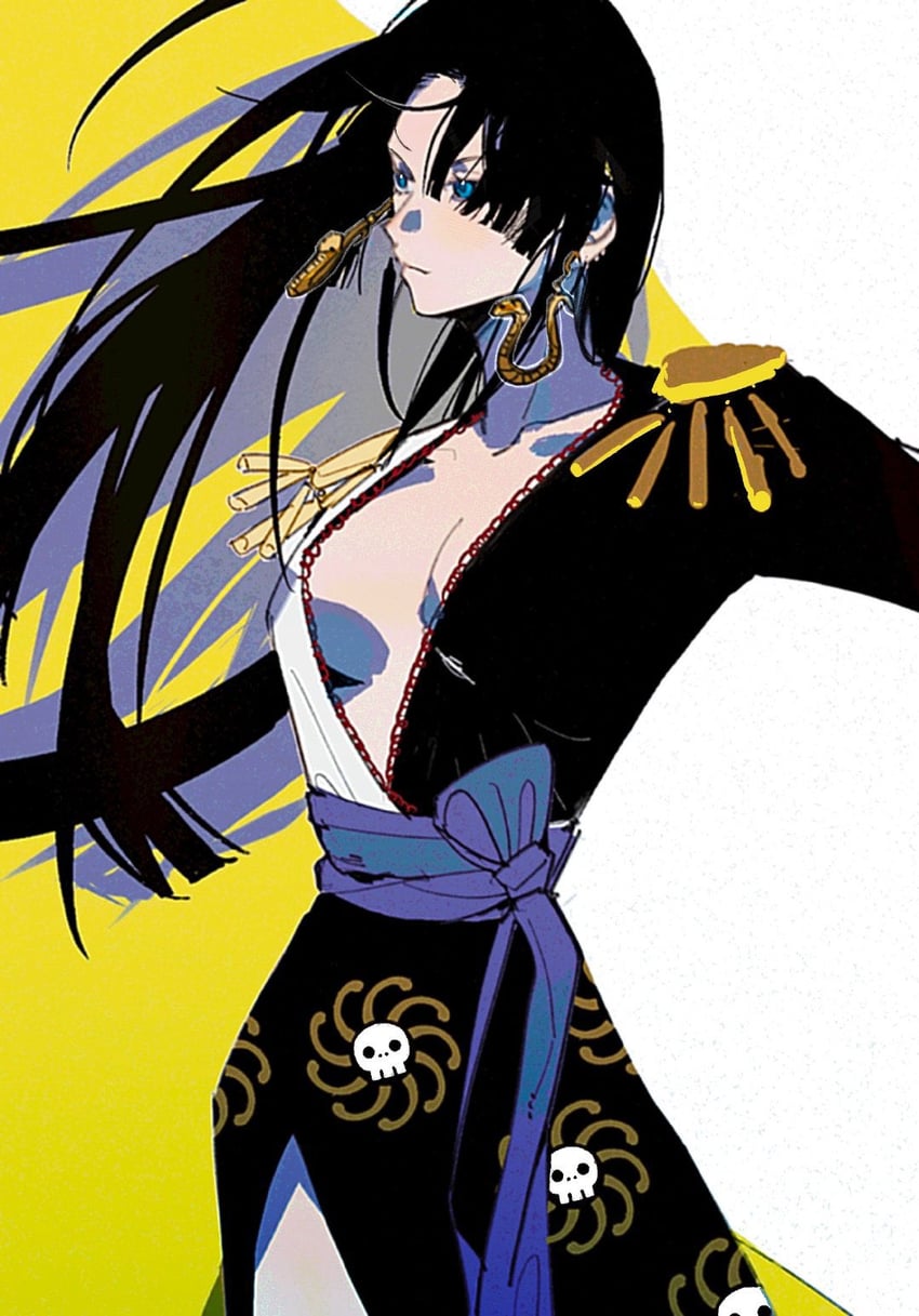 an animestyle illustration features a woman with long black hair, blue eyes, and snakes adorning her earrings. she's dressed in a revealing black and white kimono with a blue sash, adorned with a repeating skull and spiral pattern. her attire exposes her cleavage, and the background is a vibrant yellow.