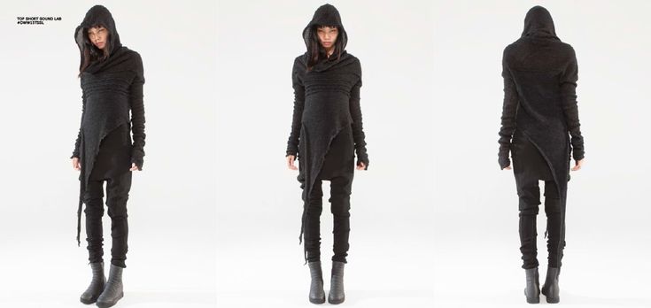 three women are standing in front of a white background, wearing similar black outfits. the outfit is a black hooded top, black pants, and black boots.