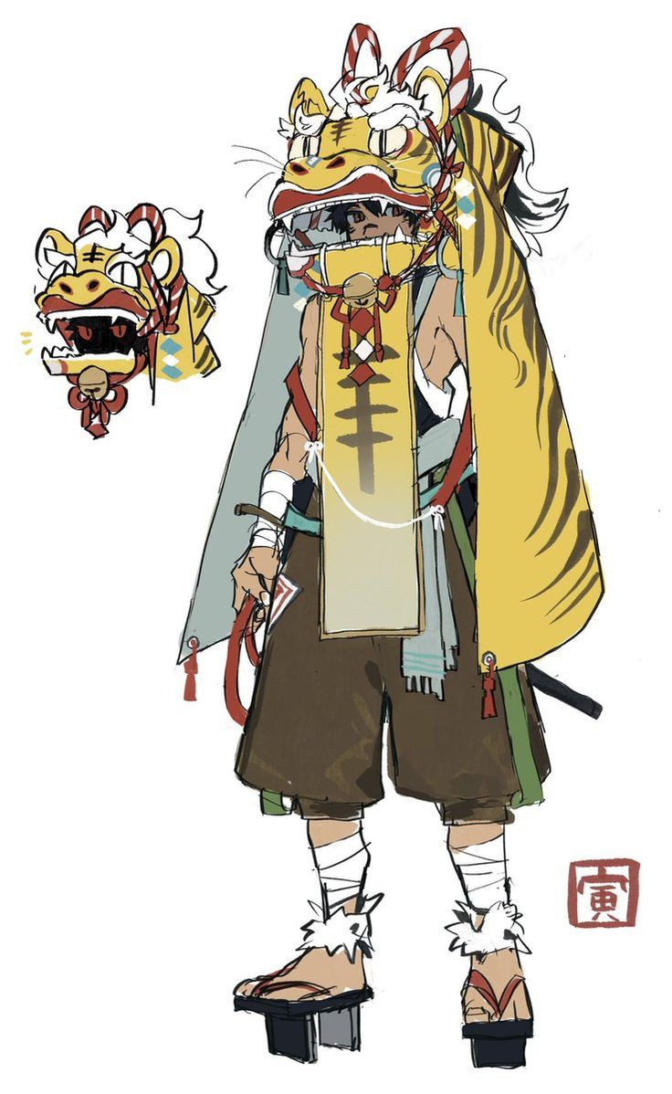 the image is an artwork depicting a person wearing a stylized tiger mask and traditional asian clothing. the character is standing, wearing sandals with fur accents and wrapped bandages around their legs. a tiger mask sits atop their head, and they wear a yellow cape with tiger stripes. a smaller, disembodied tiger mask is featured on the left side of the image. a japanese seal is present in the bottom right corner.
