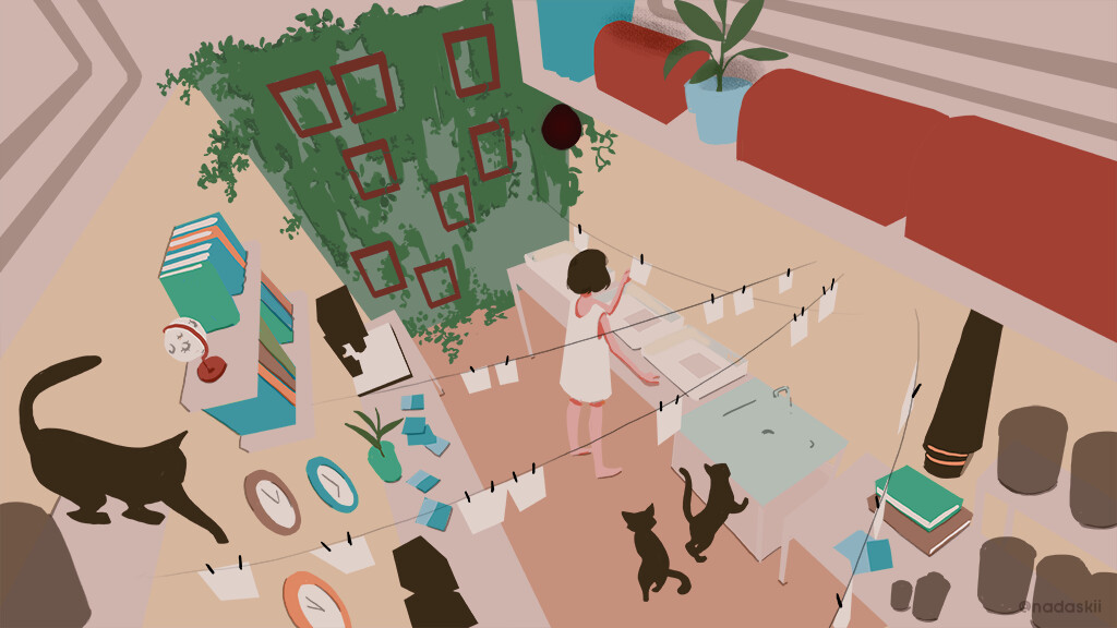 this is an image of a room interior. there is a girl standing in front of a table that has many photos, a cat standing on the table, and two cats in front of the table. there is a bookshelf with many books, a window with a green leafy plant and photo frames, and a green plant in a pot. the room also has a sink and a round clock. there are a few square clock on the floor.