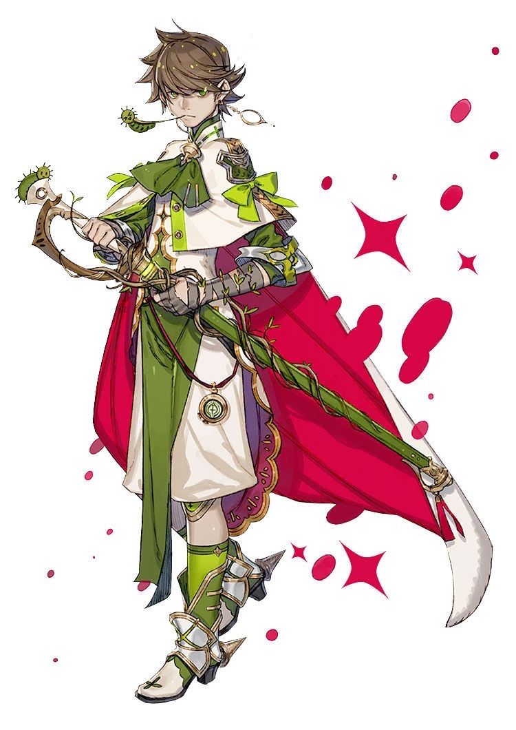 the image showcases a single, stylized animelike character against a plain white backdrop. the character, likely male, features elaborate attire with a prominent green and white color scheme, complemented by a flowing red cape. he holds a unique, ornate sword with plantlike accents, further emphasizing the fantasy theme. the character's expression is stoic, bordering on melancholic.  the soft lighting and front view perspective highlight the intricate details of the character's design.
