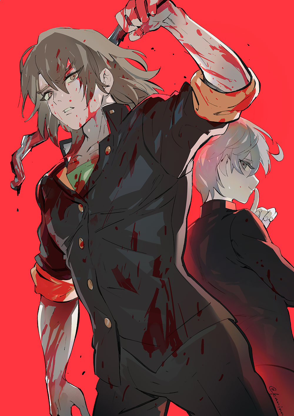 the image shows a bloodied anime character with a weapon in hand standing in a dark and bloody background. the character has a sinister expression on their face. the other character is behind the bloodied one, with a scared expression. the background is a dark red color, which creates a sense of danger and violence. overall, the image is dark, violent, and visually striking.